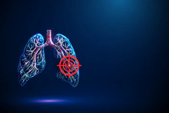 3D neon illustration of human lungs with blood vessels and highlighted virus particle on dark blue background