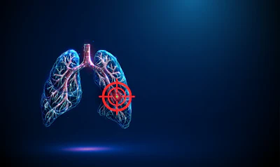 3D neon illustration of human lungs with blood vessels and highlighted virus particle on dark blue background