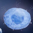 Blue and white microscopic cell with translucent membrane and granular interior structure against dark background
