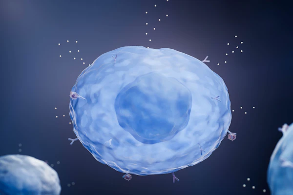 Blue and white microscopic cell with translucent membrane and granular interior structure against dark background