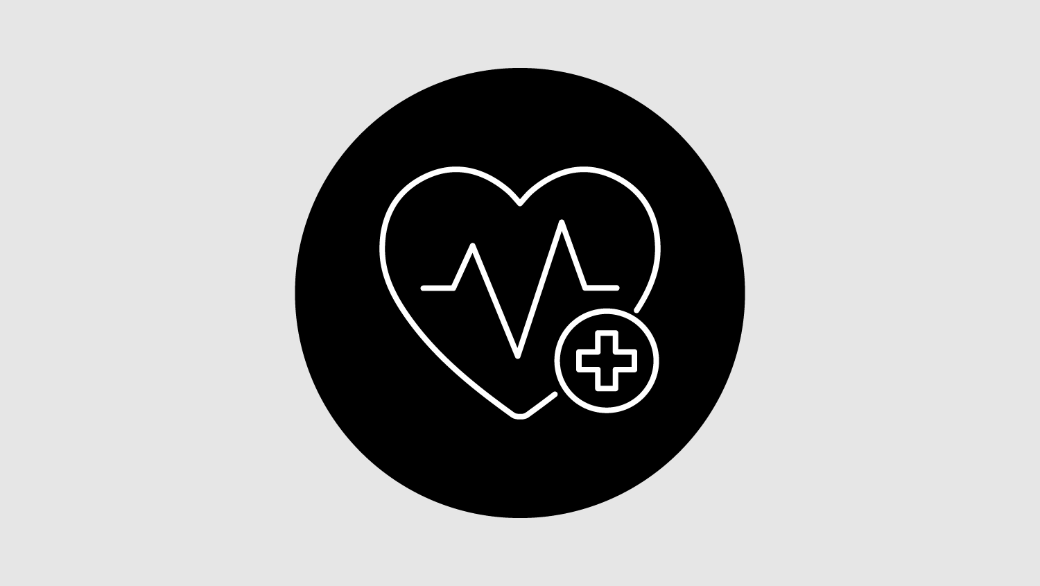 Healthcare logo featuring heart with heartbeat line and medical cross symbol on black circular background