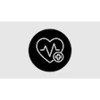 Healthcare logo featuring heart with heartbeat line and medical cross symbol on black circular background