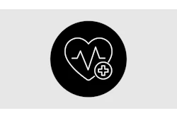 Healthcare logo featuring heart with heartbeat line and medical cross symbol on black circular background