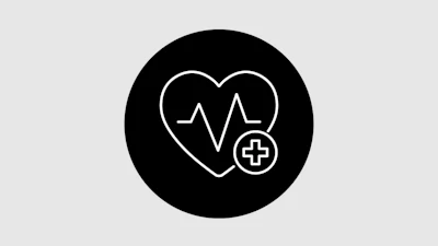 Healthcare logo featuring heart with heartbeat line and medical cross symbol on black circular background