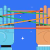 Two connected industrial containers with pipes and cables on blue background with stars