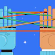 Two connected industrial containers with pipes and cables on blue background with stars