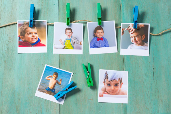 Six printed photos of smiling children clipped to twine with colorful clothespins on a turquoise wooden background