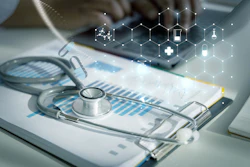 Healthcare professional workspace with stethoscope, medical charts, smartphone, and digital health technology icons