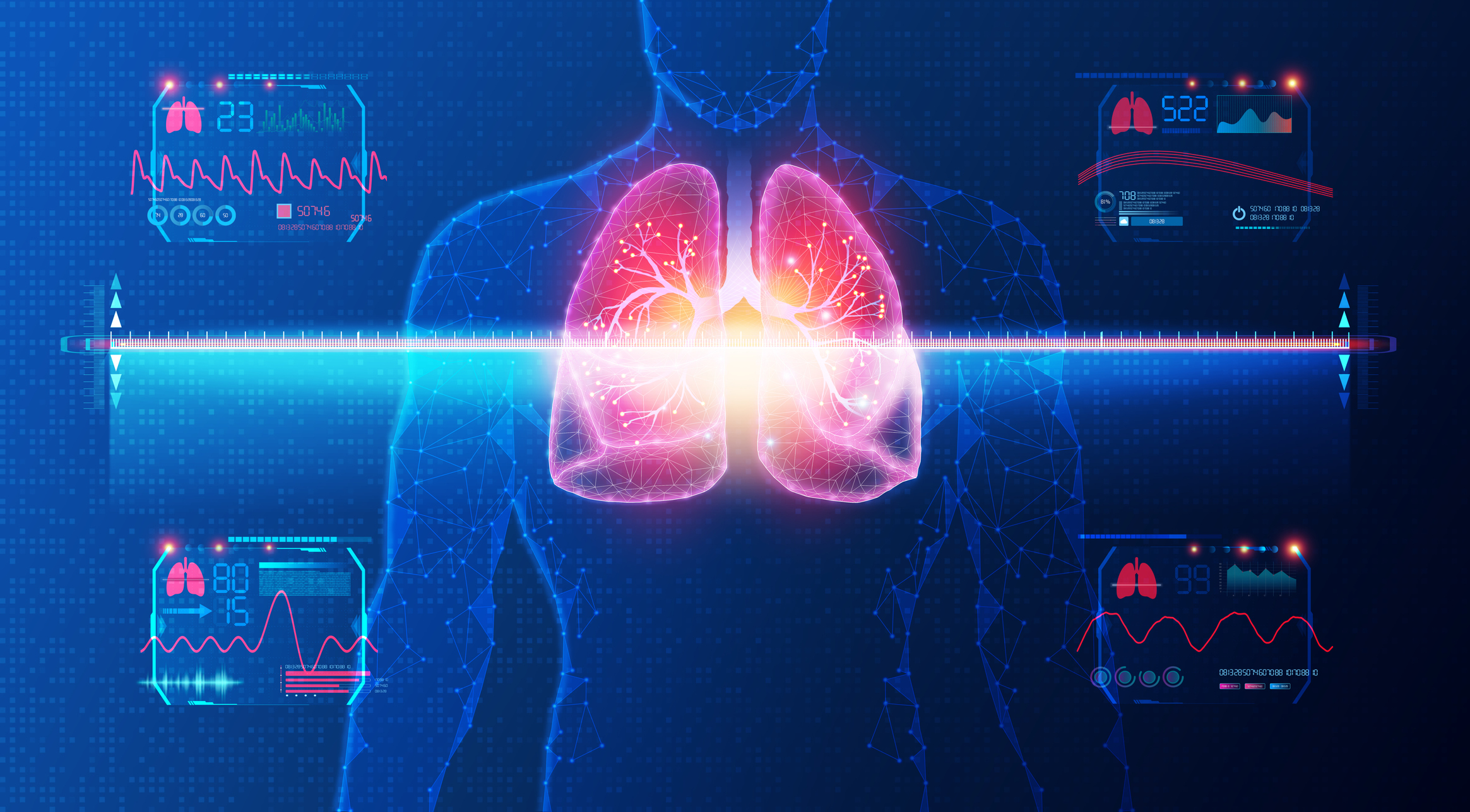 Digital medical visualization of glowing lungs in human body with health monitoring data panels and vital signs displays