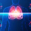 Digital medical visualization of glowing lungs in human body with health monitoring data panels and vital signs displays