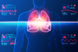 Digital medical visualization of glowing lungs in human body with health monitoring data panels and vital signs displays