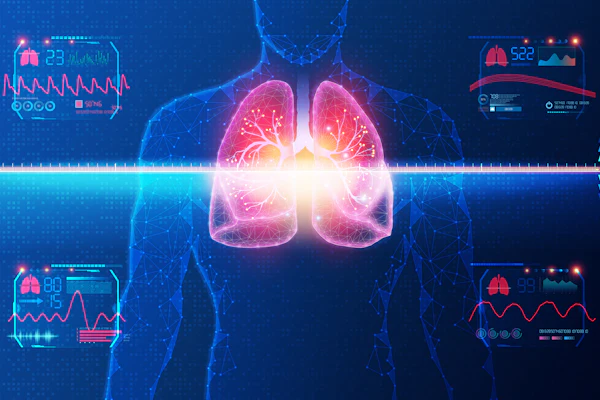 Digital medical visualization of glowing lungs in human body with health monitoring data panels and vital signs displays