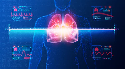 Digital medical visualization of glowing lungs in human body with health monitoring data panels and vital signs displays