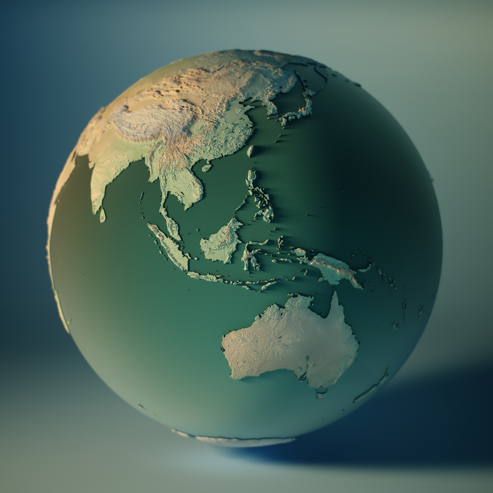 3D rendered globe showing Asia, Australia, and surrounding oceans with terrain elevation detail