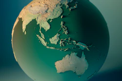 3D rendered globe showing Asia, Australia, and surrounding oceans with terrain elevation detail